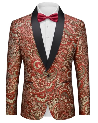 Men's Floral Tuxedo Jacket, Luxury Embroidered Blazer, Dress Suit with Bow Tie for Wedding Party Prom Dinner, Red