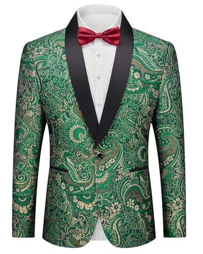 Men's Floral Tuxedo Jacket, Luxury Embroidered Blazer, Dress Suit with Bow Tie for Wedding Party Prom Dinner, Lake Green