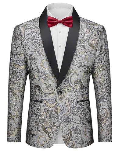 Men's Floral Tuxedo Jacket, Luxury Embroidered Blazer, Dress Suit with Bow Tie for Wedding Party Prom Dinner Light Gray, Light Grey