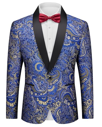 Men's Floral Tuxedo Jacket, Luxury Embroidered Blazer, Dress Suit with Bow Tie for Wedding Party Prom Dinner, Sapphire