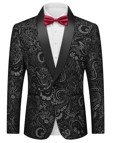 Men's Floral Tuxedo Jacket, Luxury Embroidered Blazer, Dress Suit with Bow Tie for Wedding Party Prom Dinner, Black