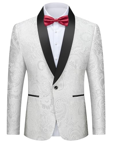 Men's Floral Tuxedo Jacket, Luxury Embroidered Blazer, Dress Suit with Bow Tie for Wedding Party Prom Dinner, White