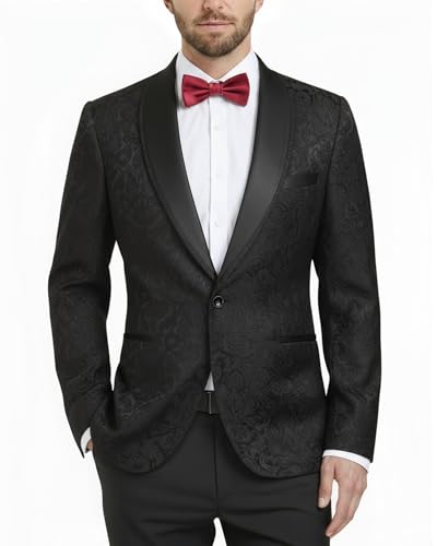 Men's Floral Tuxedo Suit Jacket, Slim Fit Paisley Blazer, Shawl Lapel with Bow Tie for Party Prom Wedding Dinner, Black