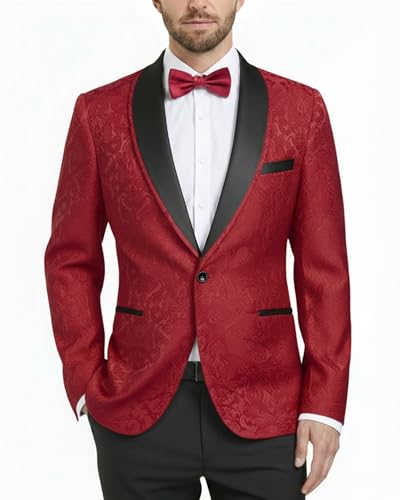 Men's Floral Tuxedo Suit Jacket, Slim Fit Paisley Blazer, Shawl Lapel with Bow Tie for Party Prom Wedding Dinner, Red