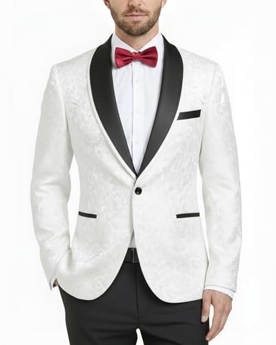 Men's Floral Tuxedo Suit Jacket, Slim Fit Paisley Blazer, Shawl Lapel with Bow Tie for Party Prom Wedding Dinner, White