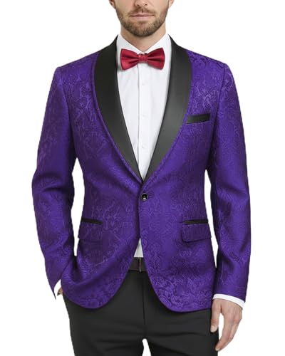 Men's Floral Tuxedo Suit Jacket, Slim Fit Paisley Blazer, Shawl Lapel with Bow Tie for Party Prom Wedding Dinner, Light Purple