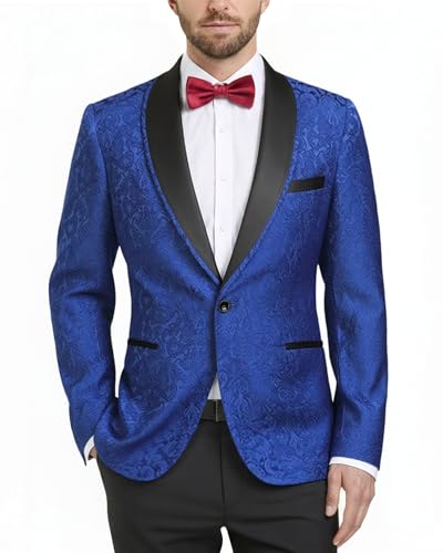 Men's Floral Tuxedo Suit Jacket, Slim Fit Paisley Blazer, Shawl Lapel with Bow Tie for Party Prom Wedding Dinner, Sapphire