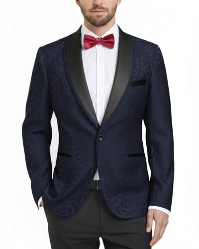 Men's Floral Tuxedo Suit Jacket, Slim Fit Paisley Blazer, Shawl Lapel with Bow Tie for Party Prom Wedding Dinner, Dark Blue