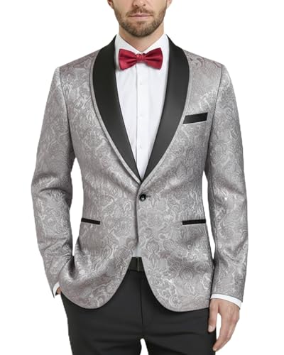 Men's Floral Tuxedo Suit Jacket, Slim Fit Paisley Blazer, Shawl Lapel with Bow Tie for Party Prom Wedding Dinner Dark Gray, Dark Grey