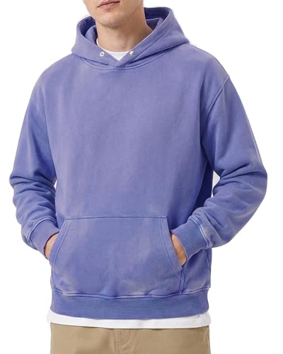 Men's Oversized Acid Wash Hoodie, Heavyweight Vintage Pullover for Winter, Fleece Cotton Sweatshirt, Unisex Streetwear, Light Purple