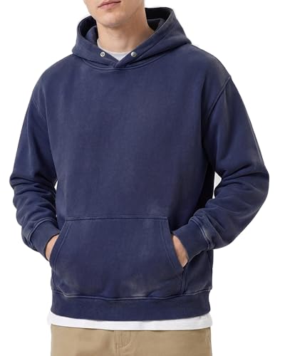 Men's Oversized Acid Wash Hoodie, Heavyweight Vintage Pullover for Winter, Fleece Cotton Sweatshirt, Unisex Streetwear, Dark Blue