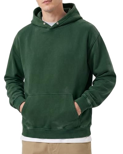 Men's Oversized Acid Wash Hoodie, Heavyweight Vintage Pullover for Winter, Fleece Cotton Sweatshirt, Unisex Streetwear, Dark Green