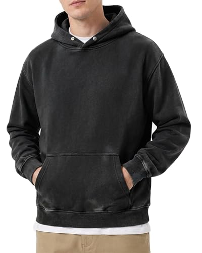 Men's Oversized Acid Wash Hoodie, Heavyweight Vintage Pullover for Winter, Fleece Cotton Sweatshirt, Unisex Streetwear, Black