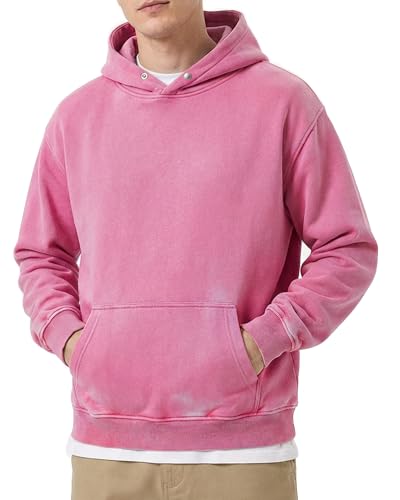 Men's Oversized Acid Wash Hoodie, Heavyweight Vintage Pullover for Winter, Fleece Cotton Sweatshirt, Unisex Streetwear, Pink