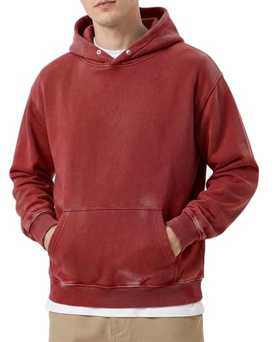Men's Oversized Acid Wash Hoodie, Heavyweight Vintage Pullover for Winter, Fleece Cotton Sweatshirt, Unisex Streetwear, Red