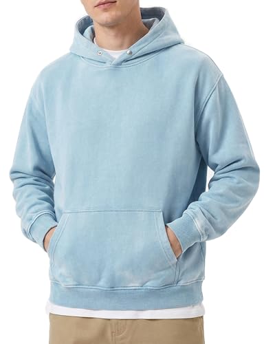 Men's Oversized Acid Wash Hoodie, Heavyweight Vintage Pullover for Winter, Fleece Cotton Sweatshirt, Unisex Streetwear, Sky