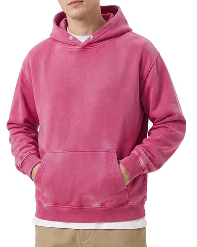 Men's Oversized Acid Wash Hoodie, Heavyweight Vintage Pullover for Winter, Fleece Cotton Sweatshirt, Unisex Streetwear, Fuchsia