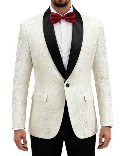 Men's Paisley Tuxedo Jacket, One Button Dress Suit Blazer, Floral Coat with Bow Tie for Dinner Party Prom Wedding, Beige