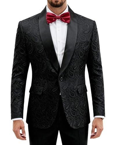 Men's Paisley Tuxedo Jacket, One Button Dress Suit Blazer, Floral Coat with Bow Tie for Dinner Party Prom Wedding, Black