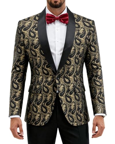 Men's Paisley Tuxedo Jacket, One Button Dress Suit Blazer, Floral Coat with Bow Tie for Dinner Party Prom Wedding, Gold