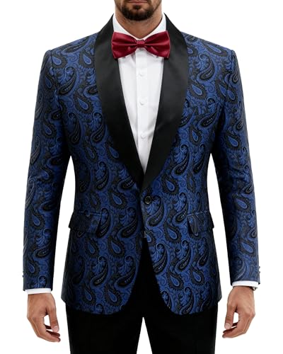 Men's Paisley Tuxedo Jacket, One Button Dress Suit Blazer, Floral Coat with Bow Tie for Dinner Party Prom Wedding, Dark Blue