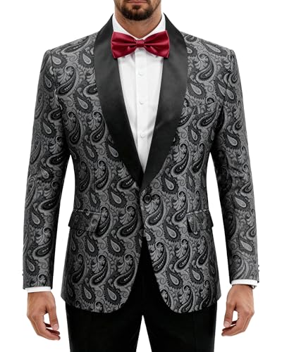 Men's Paisley Tuxedo Jacket, One Button Dress Suit Blazer, Floral Coat with Bow Tie for Dinner Party Prom Wedding Dark Gray, Dark Grey