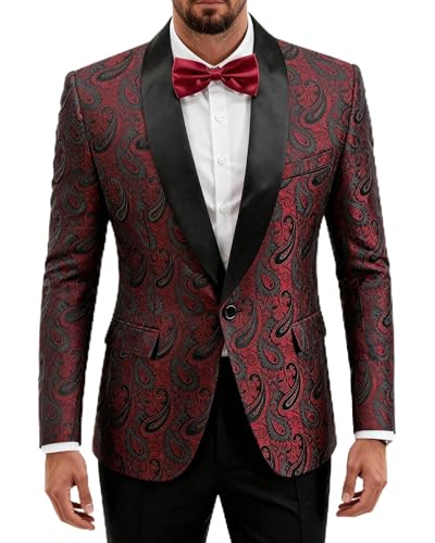 Men's Paisley Tuxedo Jacket, One Button Dress Suit Blazer, Floral Coat with Bow Tie for Dinner Party Prom Wedding, Burgundy