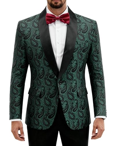 Men's Paisley Tuxedo Jacket, One Button Dress Suit Blazer, Floral Coat with Bow Tie for Dinner Party Prom Wedding, Dark Green