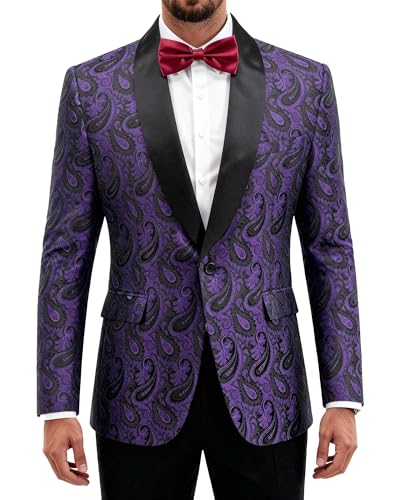 Men's Paisley Tuxedo Jacket, One Button Dress Suit Blazer, Floral Coat with Bow Tie for Dinner Party Prom Wedding, Light Purple