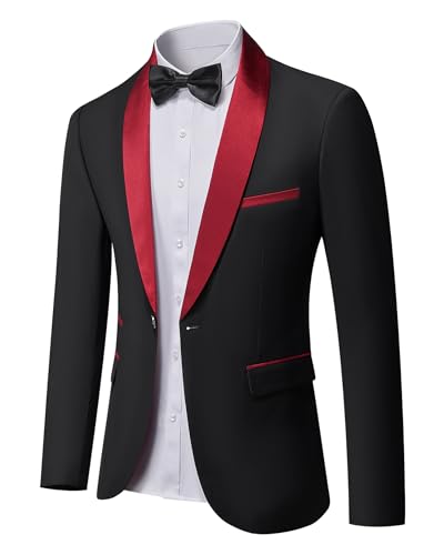 Men's Shawl Lapel One Button Blazer, Casual Lightweight Tux Slim Fit Jacket, Maroon Collar Black