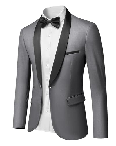 Men's Shawl Lapel One Button Blazer, Casual Lightweight Tux Slim Fit Jacket, Light Grey