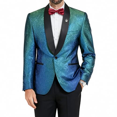 Men's Shiny Tuxedo Jacket, Sequin Slim Fit Blazer, One-Button Shawl Lapel Suit for Party, Prom, Wedding, Dinner, Blue Green