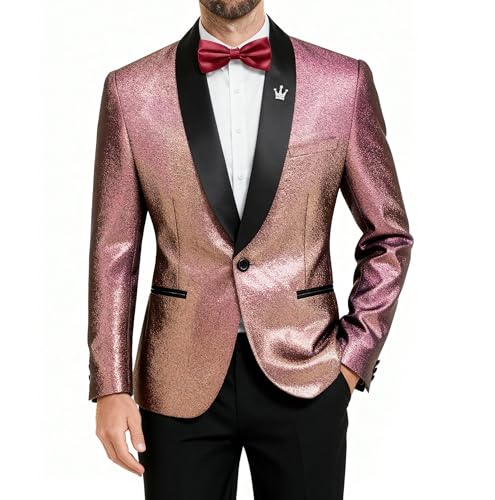 Men's Shiny Tuxedo Jacket, Sequin Slim Fit Blazer, One-Button Shawl Lapel Suit for Party, Prom, Wedding, Dinner, Gold-Pink