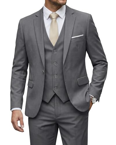 Men's Slim Fit 3-Piece Suit Set, Grey (Stretch Fabric), Light Grey (stretch fabric)