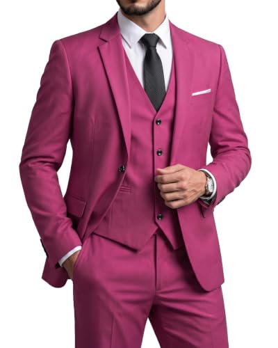 Men's Slim Fit 3 Piece Suit Set, One Button Solid Blazer Vest Pants with Tie, for Wedding Party Proms and Business, Fuchsia