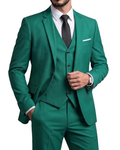Men's Slim Fit 3 Piece Suit Set, One Button Solid Blazer Vest Pants with Tie, for Wedding Party Proms and Business, Green