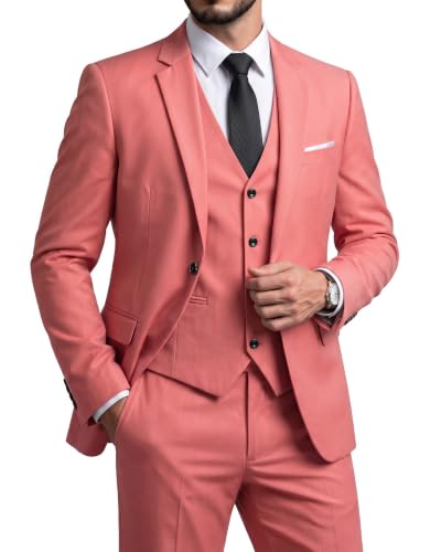 Men's Slim Fit 3 Piece Suit Set, One Button Solid Blazer Vest Pants with Tie, for Wedding Party Proms and Business, Pink