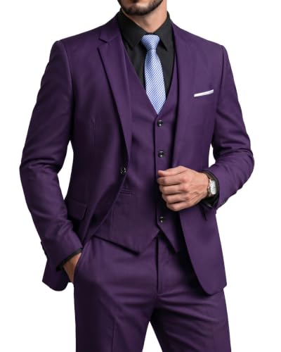 Men's Slim Fit 3 Piece Suit Set, One Button Solid Blazer Vest Pants with Tie, for Wedding Party Proms and Business, Deep Purple