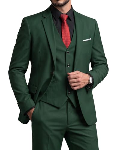 Men's Slim Fit 3 Piece Suit Set, One Button Solid Blazer Vest Pants with Tie, for Wedding Party Proms and Business, Deep Green