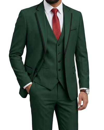 Men's Slim Fit 3 Pieces Suit, One Button Solid Jacket Pants Set with Tie for Wedding Party Business Prom, Dark Green (531)
