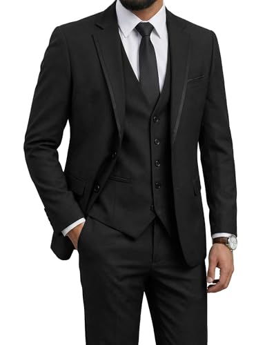 Men's Slim Fit 3 Pieces Suit, One Button Solid Jacket Pants Set with Tie for Wedding Party Business Prom, Black (531)