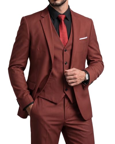Men's Slim Fit 3 Pieces Suit, One Button Solid Jacket Pants Set with Tie for Wedding Party Business Prom, Brick Red