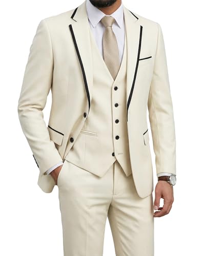Men's Slim Fit 3 Pieces Suit, One Button Solid Jacket Pants Set with Tie for Wedding Party Business Prom, Cream - Gold