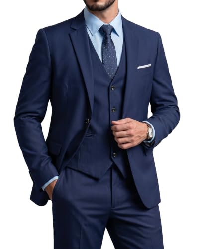 Men's Slim Fit 3 Pieces Suit, One Button Solid Jacket Pants Set with Tie for Wedding Party Business Prom, Dark Blue