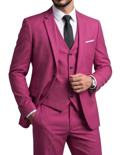 Men's Slim Fit 3 Pieces Suit, One Button Solid Jacket Pants Set with Tie for Wedding Party Business Prom, Fuchsia