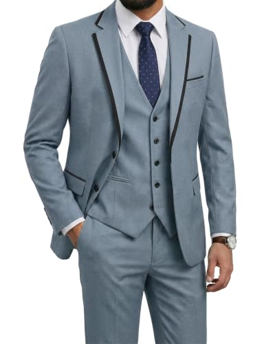 Men's Slim Fit 3 Pieces Suit, One Button Solid Jacket Pants Set with Tie for Wedding Party Business Prom, Grey Blue