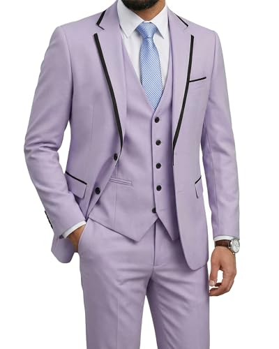Men's Slim Fit 3 Pieces Suit, One Button Solid Jacket Pants Set with Tie for Wedding Party Business Prom, Lavender