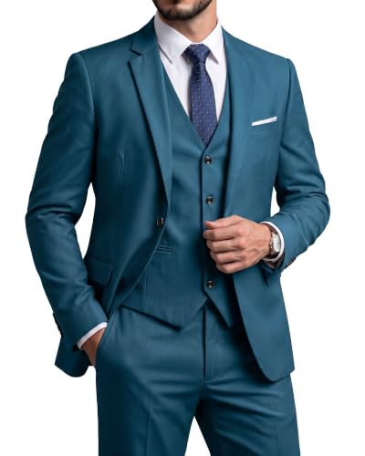Men's Slim Fit 3 Pieces Suit, One Button Solid Jacket Pants Set with Tie for Wedding Party Business Prom, Light Blue