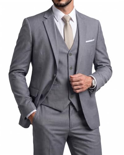 Men's Slim Fit 3 Pieces Suit, One Button Solid Jacket Pants Set with Tie for Wedding Party Business Prom Light Gray, Light Grey