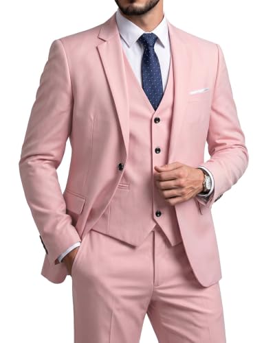 Men's Slim Fit 3 Pieces Suit, One Button Solid Jacket Pants Set with Tie for Wedding Party Business Prom, Light Pink